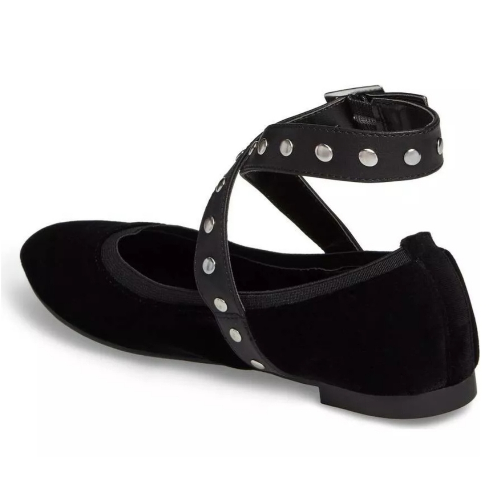 CHARLES DAVID Stud Ballet Flat Black Velvet Ankle Strap Whimsigoth NWOT 7.5 - Picture 3 of 8